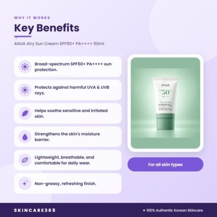 ANUA Airy Sun Cream SPF50+ PA++++ 50ml Key Benefits