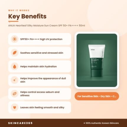 ANUA Heartleaf Silky Moisture Sun Cream SPF 50+ PA++++ 50ml Key Benefits